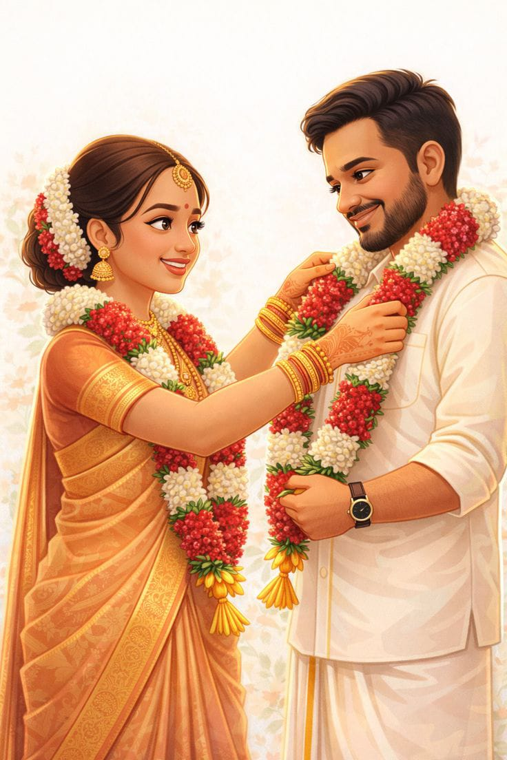 Bride placing garland on groom